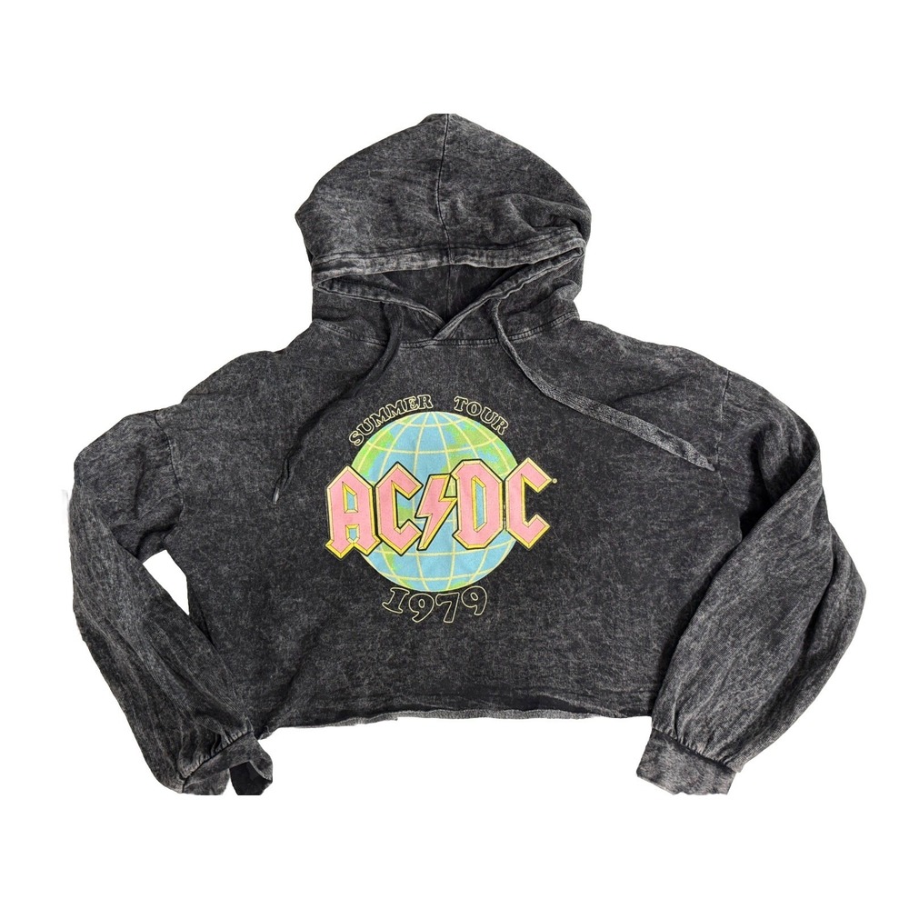 AC-DC Women's Boho Black Summer Tour 1979 Cropped Hoodie Band Sweatshirt Size XL